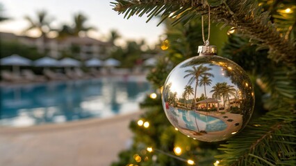 Glass Christmas Ornament Reflecting Tropical Resort and Palm Trees - 6