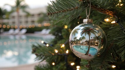 Glass Christmas Ornament Reflecting Tropical Resort and Palm Trees - 3