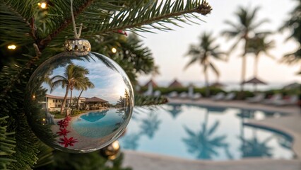 Glass Christmas Ornament Reflecting Tropical Resort and Palm Trees - 2
