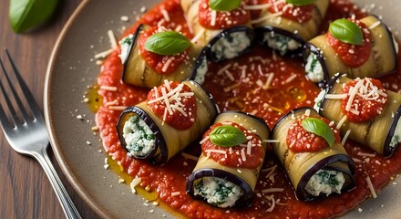 Elegant Eggplant Rolls Delicacy with Fresh Tomato Sauce and Basil Garnish