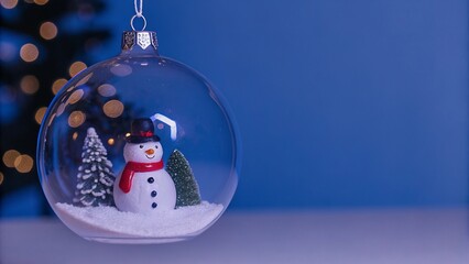 Glass Ornament with Snowman and Pine Branches Against Christmas Tree Lights - 3