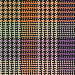 Orange, Black and purple green Houndstooth Tartan Seamless Vector Pattern Tile. Halloween Background. High Fashion Textile Print. Dog tooth Check Fabric Texture. black background