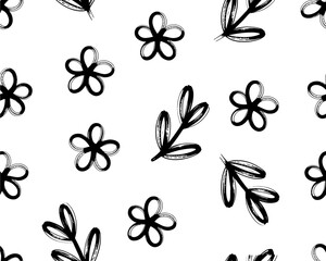 Black and white floral pattern Simple flower and leaf design Seamless repeat texture Vector illustra