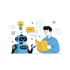 Student with a book interacting with an AI robot assistant for enhanced studying and learning. Education concept.