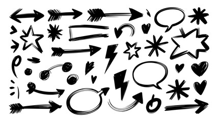 Hand drawn arrow and speech bubble set graphic design elements Black and white Vector illustration I