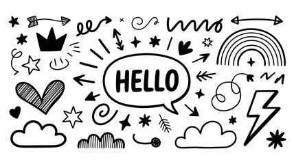 Hand drawn doodle elements set cute design elements black and white Vector illustration Isolated on 