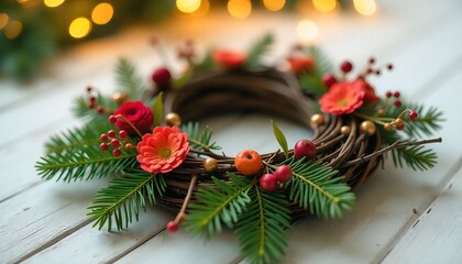 bokeh effect photography of a Christmas wreath made of intertwined twigs, vibrant flowers, and lush green branches, with a shallow depth of field, warm golden lighting, and a soft focus blur effect in