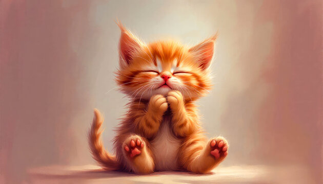 A charming ginger tabby kitten with closed eyes sits in a peaceful and serene pose against a plain background.