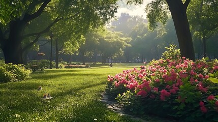 Lush park scene with pink flowers and birds on a sunny summer morning day