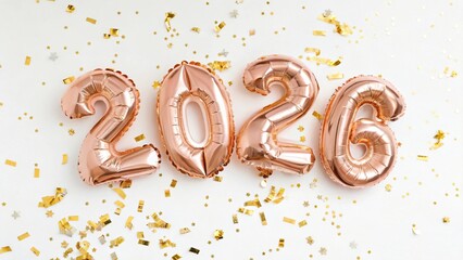 Rose Gold 2026 Balloons with Golden Confetti on White Background - 1