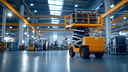 Industrial equipment operation scissor lift in warehouse machinery showcase modern facility aerial view efficient material handling