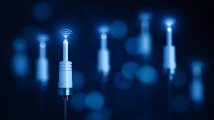 Wireless signal transmitter with light glow. Futuristic telecommunication tower. Modern technology for fast internet connection.