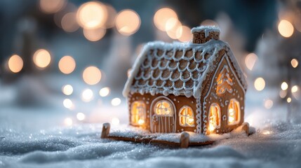 cozy gingerbread house glowing in snowy winter wonderland scene with sparkling festive soft bokeh lights