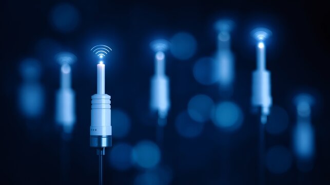 Wireless signal transmitter with light glow. Futuristic telecommunication tower. Modern technology for fast internet connection.