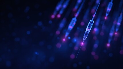 Digital syringe with light beam representing data injection into dark background. Modern technology concept. Innovation in medicine.