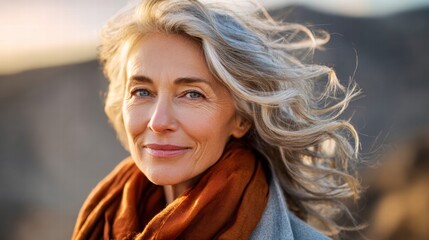 Smiling senior woman with flowing gray hair outdoors