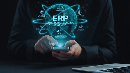 ERP platform visual showing centralized system for enterprise resource planning, improving integration, data flow, business efficiency, finance, inventory, and human resources. Elide