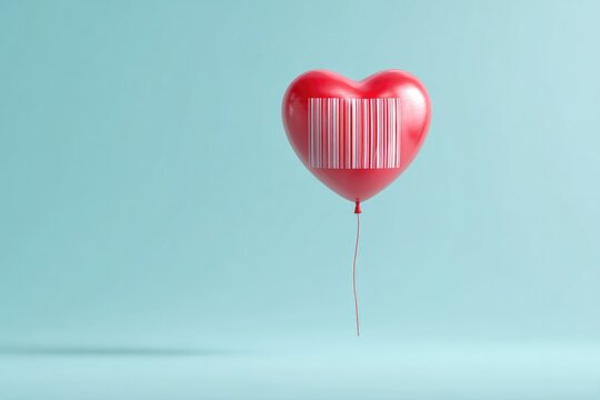 Red heart-shaped balloon featuring barcode design symbolizes con