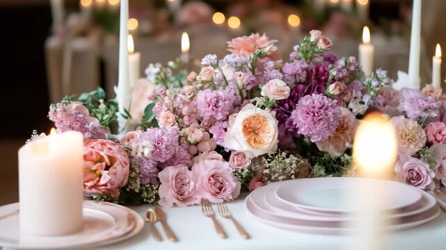 Elegant pastel floral centerpiece with candles and dishes.  A table setting with a profusion of soft pink, lavender, and peach flowers arranged artfully in a bouquet