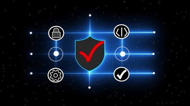 Cyber Security Protection Shield with Digital Lock, Verified Checkmark, Secure Code, Privacy Settings, Data Defense and Trusted Technology