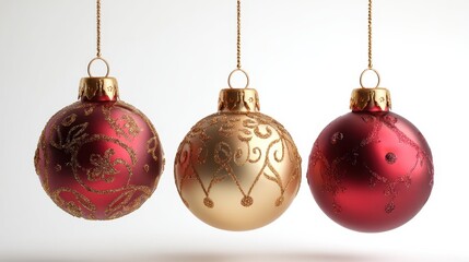 three red and gold christmas ornaments hanging