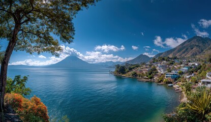 Panoramic view of a lake nestled amongst mountains