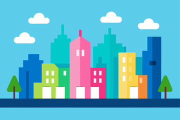 Colorful cartoon city skyline illustration