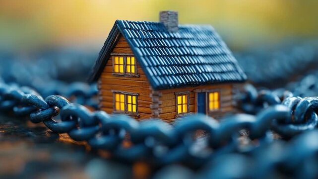 House in Chains Metaphor: A miniature house, symbol of home, encircled by heavy chains, conveys a sense of constraint and limitation amidst the open air.