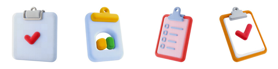 Five 3D clipboard icons with checkmarks and lists checklist to-do list isolated on a transparent background