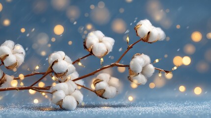 winter wonderland delicate christmas branch with cotton buds and golden lights on blue background