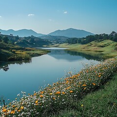 Beautiful valley landscape with flowers high resolution picture