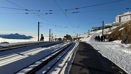 Rigi-Kulm, Switzerland - November 29, 2024: Vitznau-Rigi mountain railway at the Rigi-Kulm terminus...