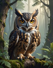 Majestic owl in misty forest