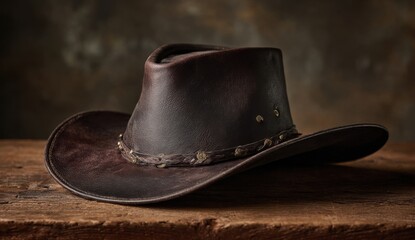 Rustic brown leather cowboy hat on wooden table