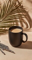 Still life of a mug of coffee or tea with palm leaf and lavender