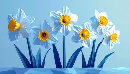 Geometric daffodils against a light blue background