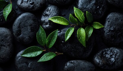 Dark stones with fresh green leaves