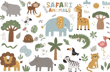 Large vector set of safari animals. Well suited for use in children's rooms, books, kindergarten and other kids design