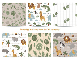 Vector set of seamless patterns with safari animals. Great for wallpaper, textiles, wrapping paper, greeting cards and other