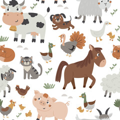 Vector seamless pattern with cute farm animals. Great for wallpaper, textiles, wrapping paper, greeting cards and other