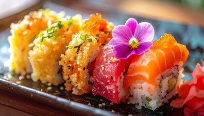 Colorful sushi rolls on a dark plate
