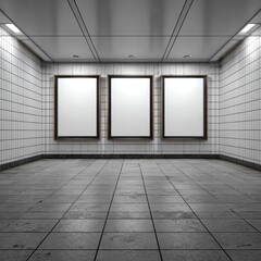 Empty subway corridor with three blank posters