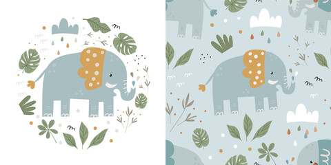 Children's set of poster and seamless pattern with cute elephants. Perfect for kids bedding, fabric, wallpaper, wrapping paper, textile, t-shirt print.