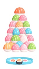 Colorful sushi-shaped items stacked in a triangular pyramid, with a plate of sushi underneath
