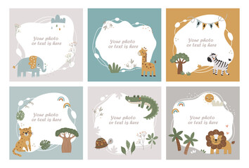 Set of baby photo frames, templates, or invitations featuring safari animals