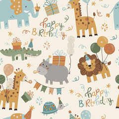 Vector seamless birthday pattern with safari animals. Seamless for wrapping paper, greeting cards and other. Can be used for wallpaper, textile, packaging.