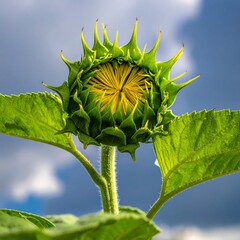 Budding sunflower against a cloudy sky