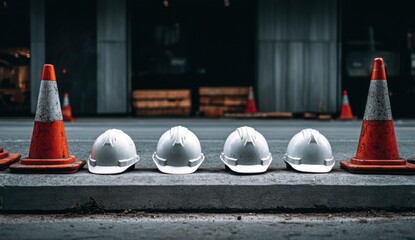 Construction site safety helmets and cones
