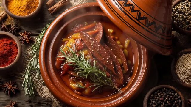 A pot of food with herbs and spices on a table. The spices include cumin, coriander, and pepper