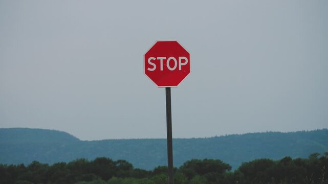 A red stop sign against a backdrop of hills, flowers, a field, and a forest. Wildlife next to civilization.